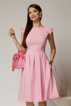 Rochie DY Fashion midi roz din poplin in clos cu volane la umeri imagine