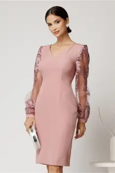 Rochie DY Fashion midi roz din stofa conica cu maneci din dantela imagine