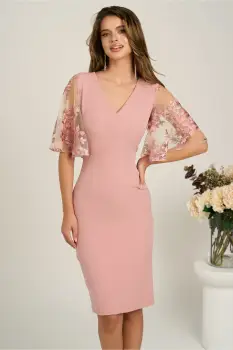 Rochie DY Fashion midi roz din stofa conica cu maneci din dantela imagine