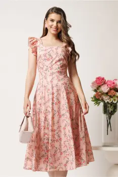 Rochie DY Fashion midi roz in clos cu floricele corai si volane la maneci imagine