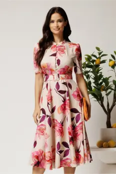 Rochie DY Fashion midi roz in clos din rayon cu flori mari si curea in talie imagine