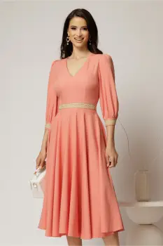 Rochie DY Fashion midi roz somon cu banda decorativa pe talie si mansete imagine