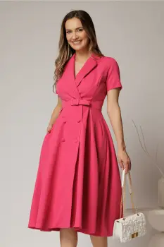 Rochie DY Fashion midi roz zmeura cu decolteu petrecut si curea in talie imagine
