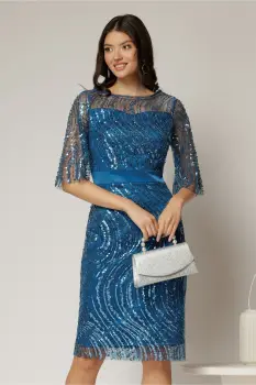 Rochie DY Fashion midi turcoaz din paiete si margele elegante imagine