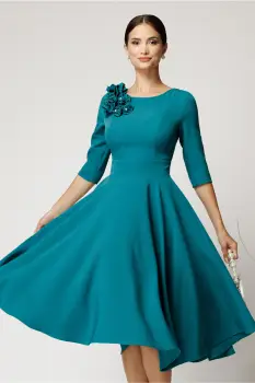 Rochie DY Fashion midi turcoaz din stofa in clos cu floare la bust imagine