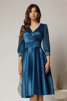 Rochie DY Fashion midi turcoaz din tafta cu maneci din voal cu lurex imagine