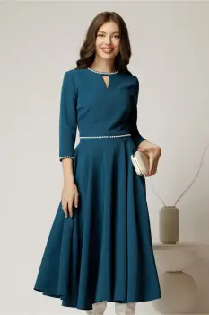 Rochie DY Fashion midi turcoaz eleganta cu perle in talie si la decolteu imagine