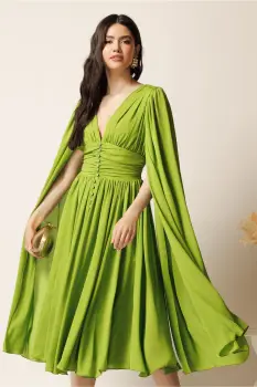 Rochie DY Fashion midi verde crud din voal in clos cu nasturi si maneci ample imagine