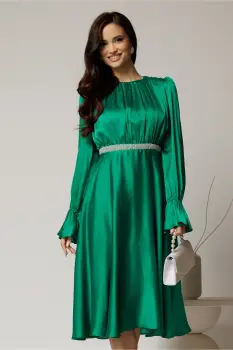 Rochie DY Fashion midi verde crud din voal satinat in clos cu perle in talie imagine
