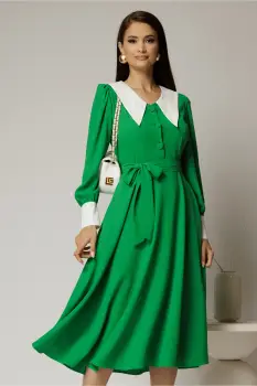 Rochie DY Fashion midi verde cu guler si mansete in contrast imagine