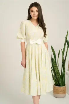 Rochie DY Fashion midi verde din satin in clos cu print bej si funda in talie imagine