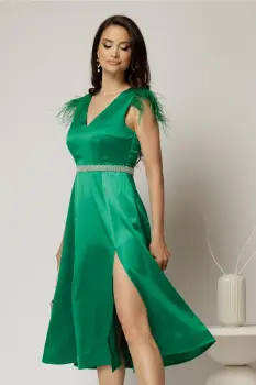 Rochie DY Fashion midi verde din tafta cu pene la umeri imagine