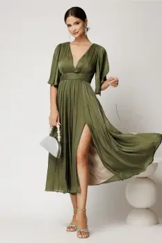 Rochie DY Fashion midi verde din voal in clos cu aspect sidefat si maneci sparte imagine