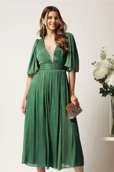Rochie DY Fashion midi verde din voal in clos cu tull la decolteu si crapatura pe picior imagine