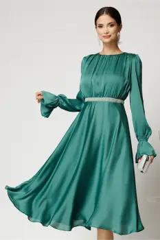 Rochie DY Fashion midi verde din voal satinat in clos cu perle in talie imagine