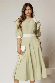 Rochie DY Fashion midi verde fistic cu buline si funda ampla pe umar imagine