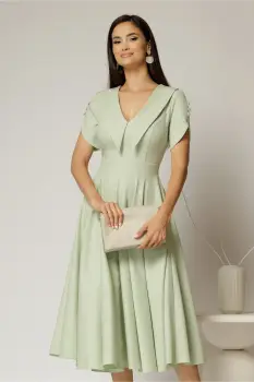 Rochie DY Fashion midi verde fistic cu guler ascutit si maneci scurte cu nasturi imagine