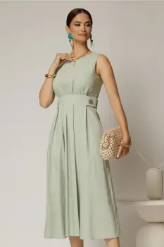 Rochie DY Fashion midi verde fistic din bumbac cu nasturi si cusaturi pe talie imagine