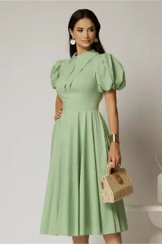 Rochie DY Fashion midi verde fistic din poplin cu guler ascutit si maneci scurte bufante imagine