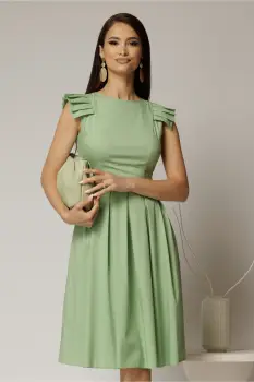 Rochie DY Fashion midi verde fistic din poplin in clos cu volane la umeri imagine