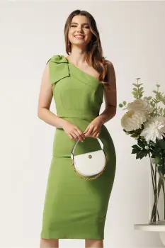 Rochie DY Fashion midi verde fistic din stofa cu croi conic si funda pe un umar imagine