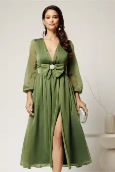 Rochie DY Fashion midi verde fistic din voal in clos cu funda maxi in talie imagine