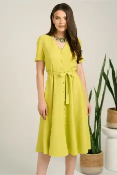 Rochie DY Fashion midi verde lime din material fluid in clos cu nasturi si cordon in talie imagine