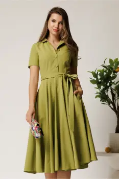 Rochie DY Fashion midi verde lime din stofa subtire cu cordon si buzunare imagine