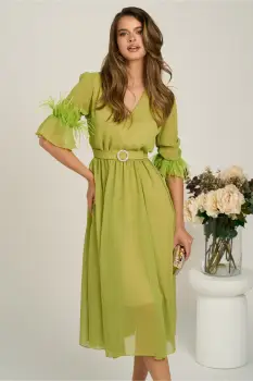 Rochie DY Fashion midi verde lime din voal in clos cu pene la maneci si accesoriu in talie imagine