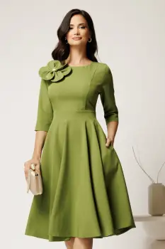 Rochie DY Fashion midi verde olive din stofa in clos cu floare maxi la bust imagine