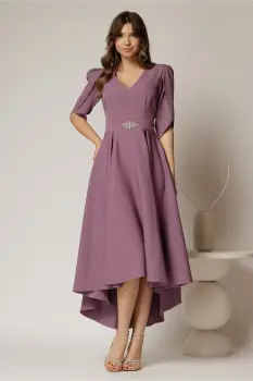 Rochie DY Fashion mov asimetrica cu maneci lalea si aplicatie pe talie imagine