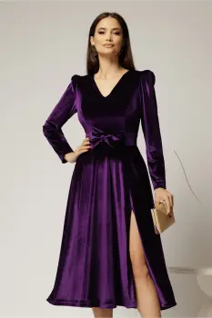 Rochie DY Fashion mov din catifea cu decolteu in V si funda in talie imagine