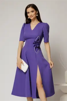 Rochie DY Fashion mov midi cu detaliu floral pe talie si decolteu in V imagine