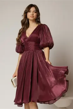 Rochie DY Fashion mov pruna cu decolteu adanc si nasturi din voal peliculizat imagine