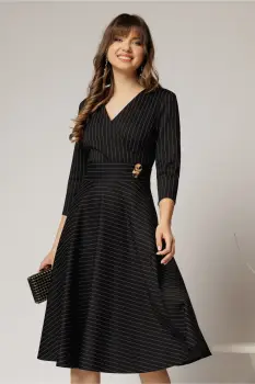 Rochie DY Fashion neagra clos in dungi din jerse si detaliu in talie imagine
