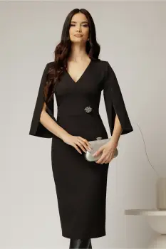 Rochie DY Fashion neagra conica cu maneci crapate si brosa detasabila imagine