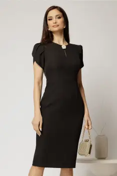 Rochie DY Fashion neagra conica cu maneci scurte lalea si accesoriu la decolteu imagine