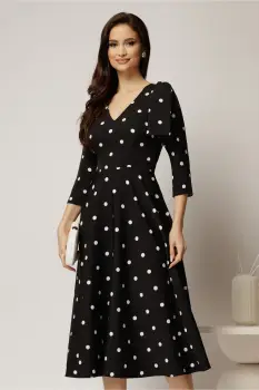 Rochie DY Fashion neagra cu buline albe si funda pe umar imagine