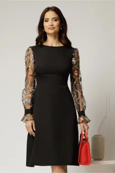 Rochie DY Fashion neagra cu maneci lungi din broderie imagine