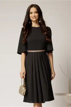 Rochie DY Fashion neagra din crep cu pliuri pe fusta si banda in talie imagine