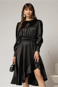 Rochie DY Fashion neagra din satin plin cu croi asimetric imagine