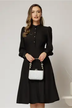 Rochie DY Fashion neagra din triplu voal cu guler tunica si nasturi tip floare imagine