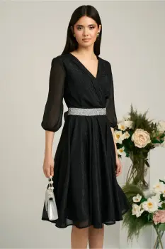 Rochie Dy Fashion neagra din voal cu fir stralucitor si cordon imagine