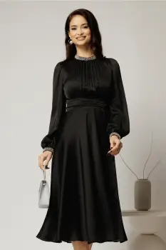 Rochie DY Fashion neagra din voal cu perle la guler si maneci imagine