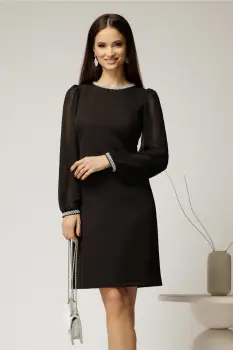 Rochie DY Fashion neagra eleganta cu maneci din voal si aplicatii la decolteu imagine