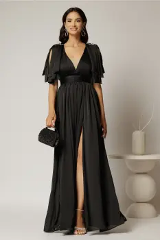 Rochie DY Fashion neagra lunga de seara cu decolteu adanc si funde ample imagine