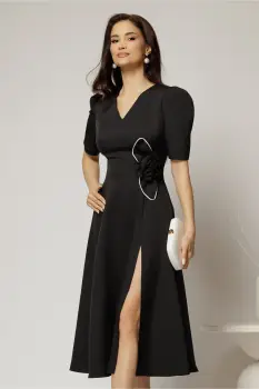 Rochie DY Fashion neagra midi cu detaliu floral pe talie si decolteu in V imagine