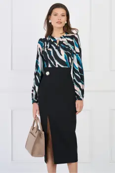 Rochie DY Fashion office cu bust din voal satinat cu print turcoaz si fusta neagra imagine