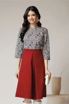 Rochie DY Fashion office cu fusta din stofa bordo si bust din jerse cu imprimeu imagine