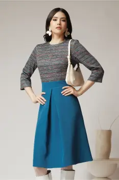 Rochie DY Fashion office cu fusta din stofa turcoaz si bust din jerse cu imprimeu imagine